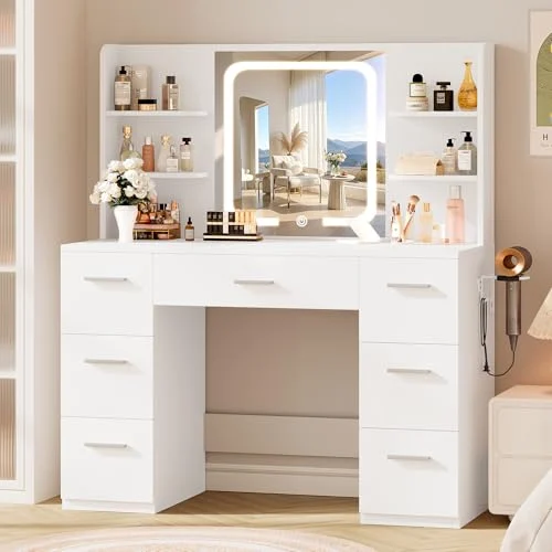 Large White Makeup Vanity Desk with LED Mirror and Charging Station detail