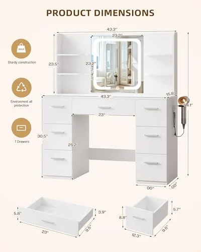 Large White Makeup Vanity Desk with LED Mirror and Charging Station features