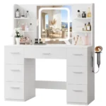 Large White Makeup Vanity Desk with LED Mirror and Charging Station