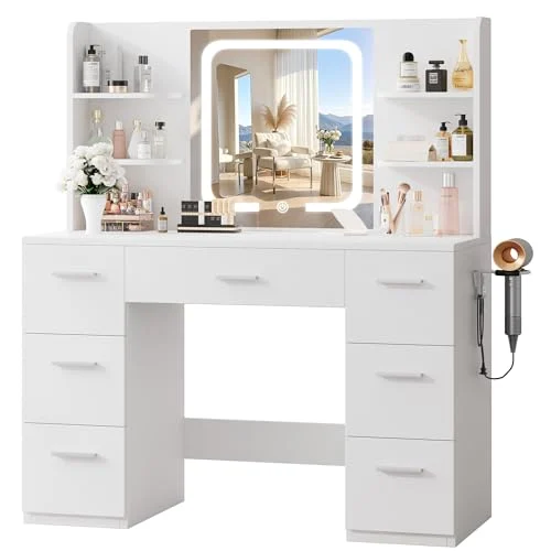 Large White Makeup Vanity Desk with LED Mirror and Charging Station review