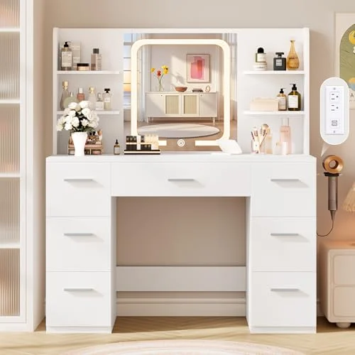 Large White Makeup Vanity Desk with LED Mirror and Charging Station showcase