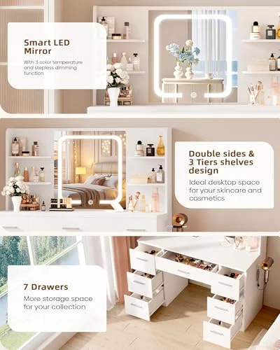 Large White Makeup Vanity Desk with LED Mirror and Charging Station unboxing