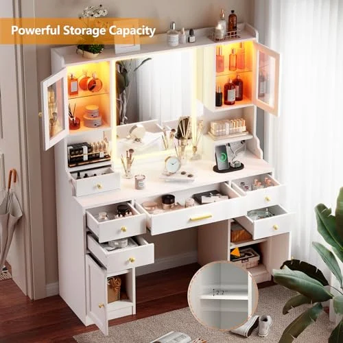 Large White Makeup Vanity with Charging Station and RGB Cabinets results