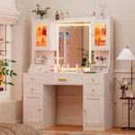 Large White Makeup Vanity with Charging Station and RGB Cabinets