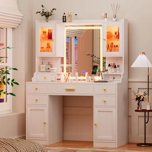 Large White Makeup Vanity with Charging Station and RGB Cabinets review