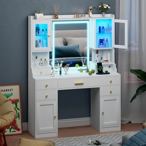 Large White Makeup Vanity with Charging Station and RGB Cabinets unboxing