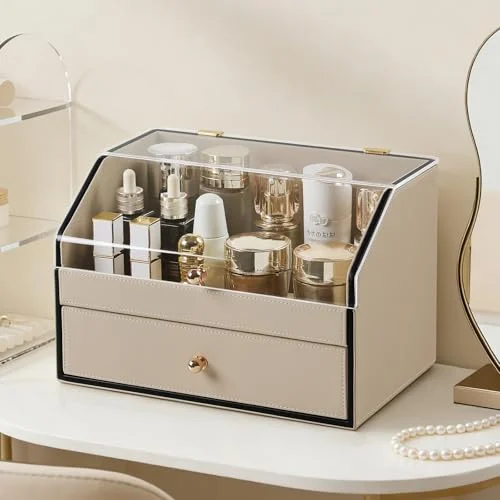 Leather Makeup Organizer with Dustproof Cover – Stylish Cosmetic Storage detail