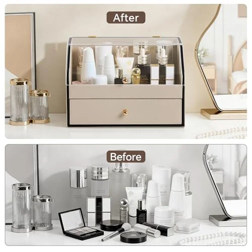 Leather Makeup Organizer with Dustproof Cover – Stylish Cosmetic Storage showcase