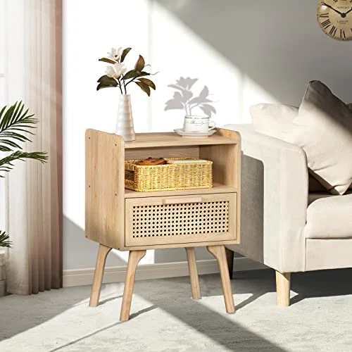 Lerliuo Rattan Nightstand – Boho Bedside Table with Drawer detail