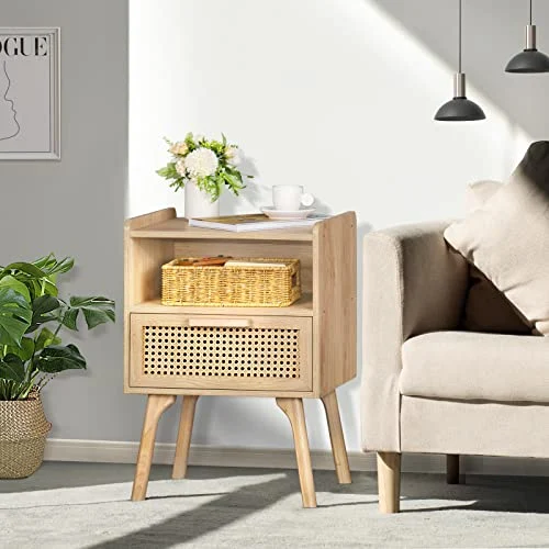 Lerliuo Rattan Nightstand – Boho Bedside Table with Drawer features