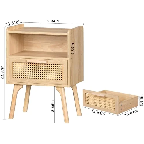 Lerliuo Rattan Nightstand – Boho Bedside Table with Drawer showcase