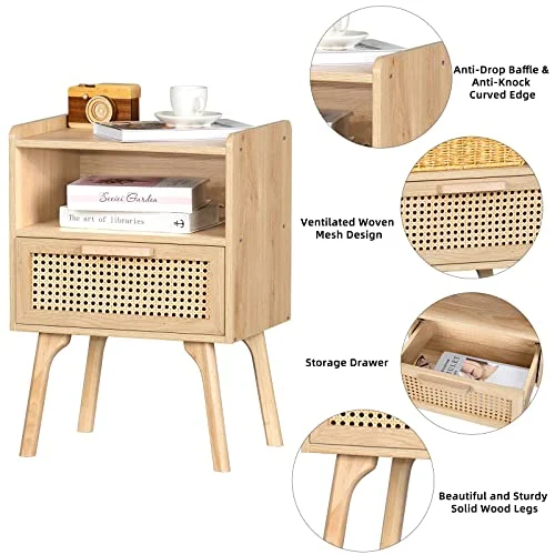 Lerliuo Rattan Nightstand – Boho Bedside Table with Drawer unboxing