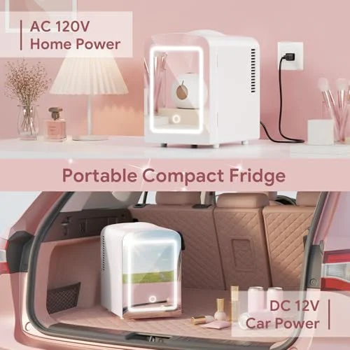 Mini Makeup Fridge with LED Mirror for Skincare and Cosmetics features