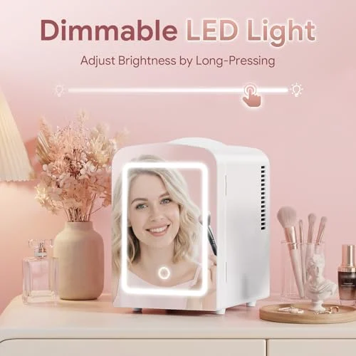Mini Makeup Fridge with LED Mirror for Skincare and Cosmetics showcase