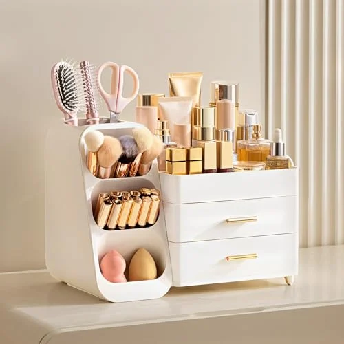 Plastic Makeup Organizer with Brush Holder for Easy Skincare Storage detail
