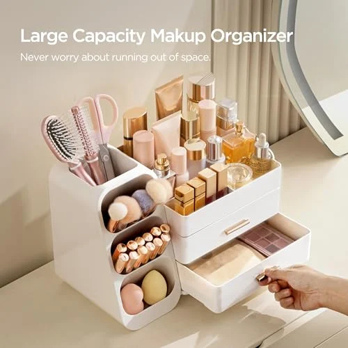 Plastic Makeup Organizer with Brush Holder for Easy Skincare Storage features