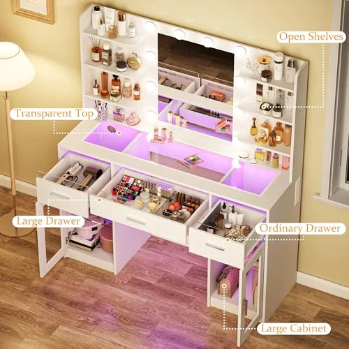 RGB Makeup Vanity Desk with Mirror, Drawers, and Power Outlet detail