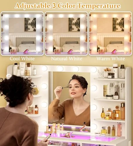 RGB Makeup Vanity Desk with Mirror, Drawers, and Power Outlet features