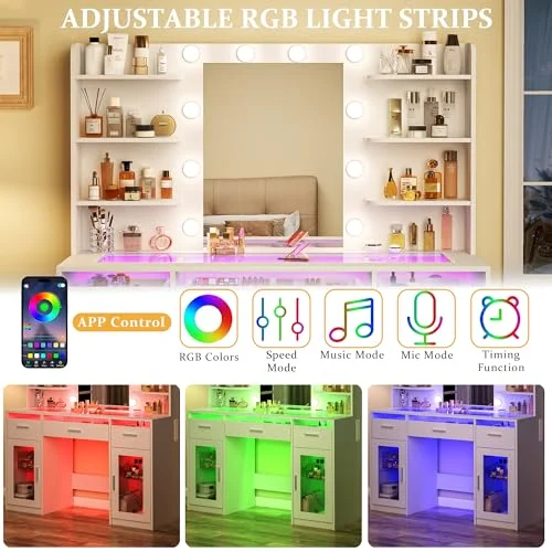 RGB Makeup Vanity Desk with Mirror, Drawers, and Power Outlet showcase