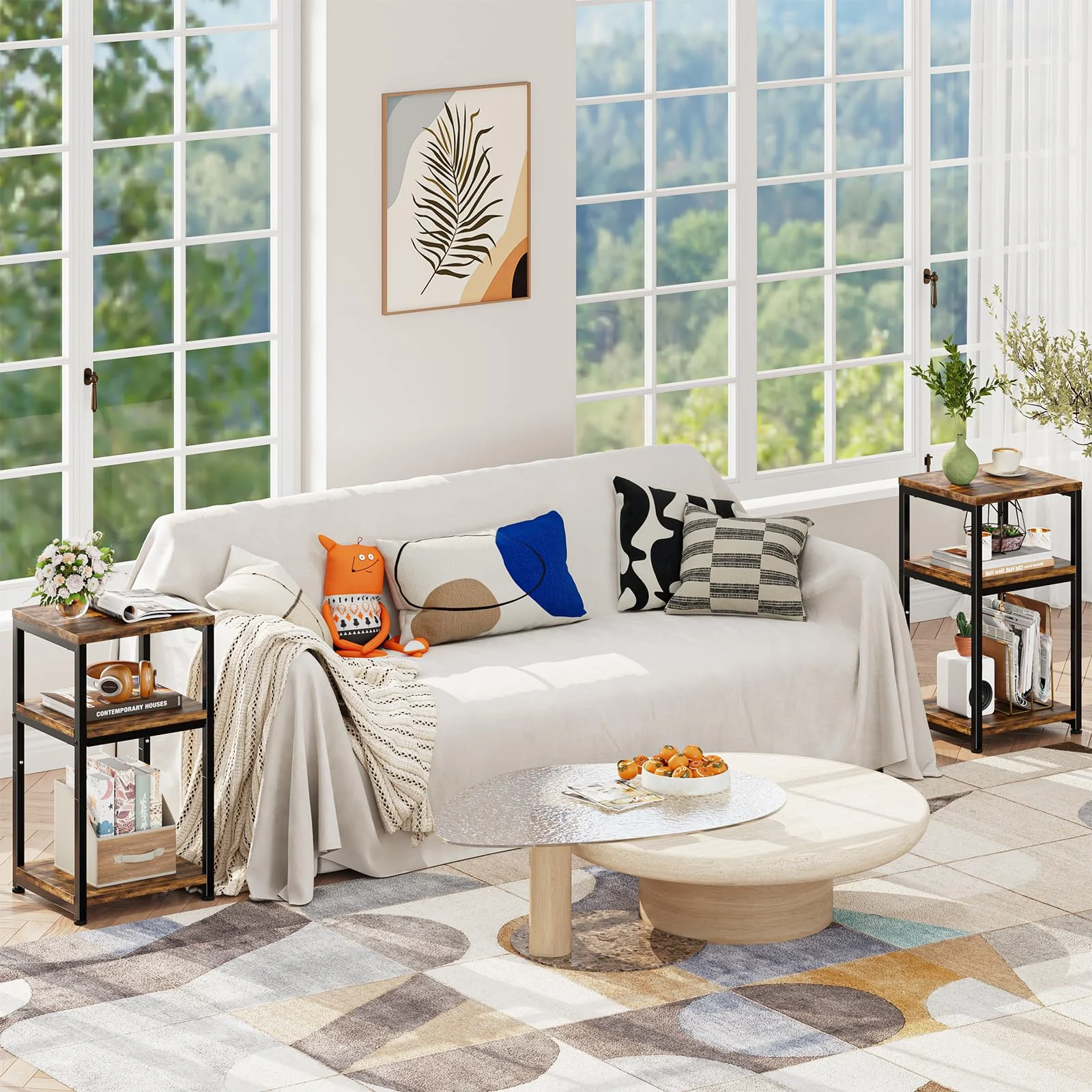 Rustic Brown Side Table with 3 Tiers for Living Room Organization detail