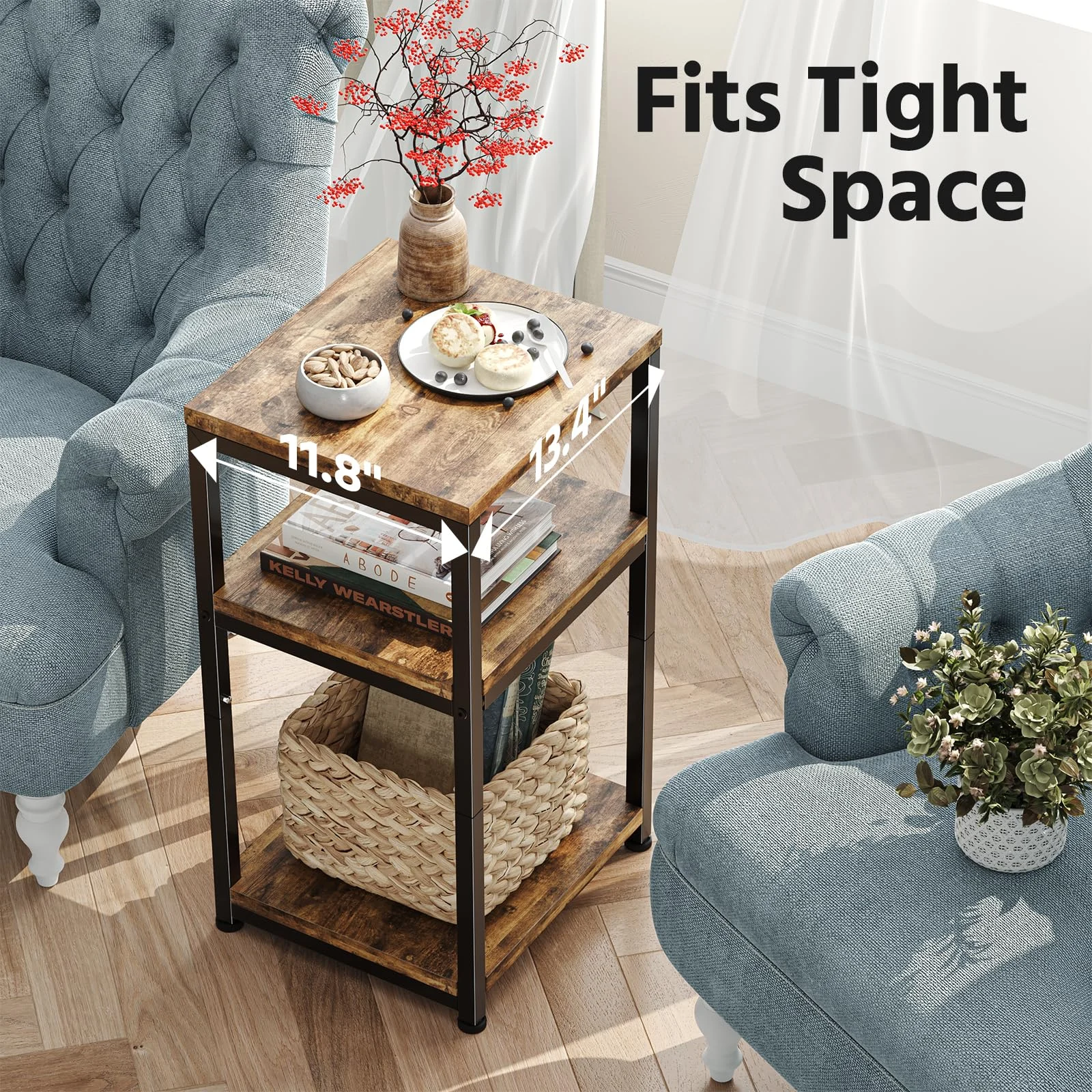 Rustic Brown Side Table with 3 Tiers for Living Room Organization features