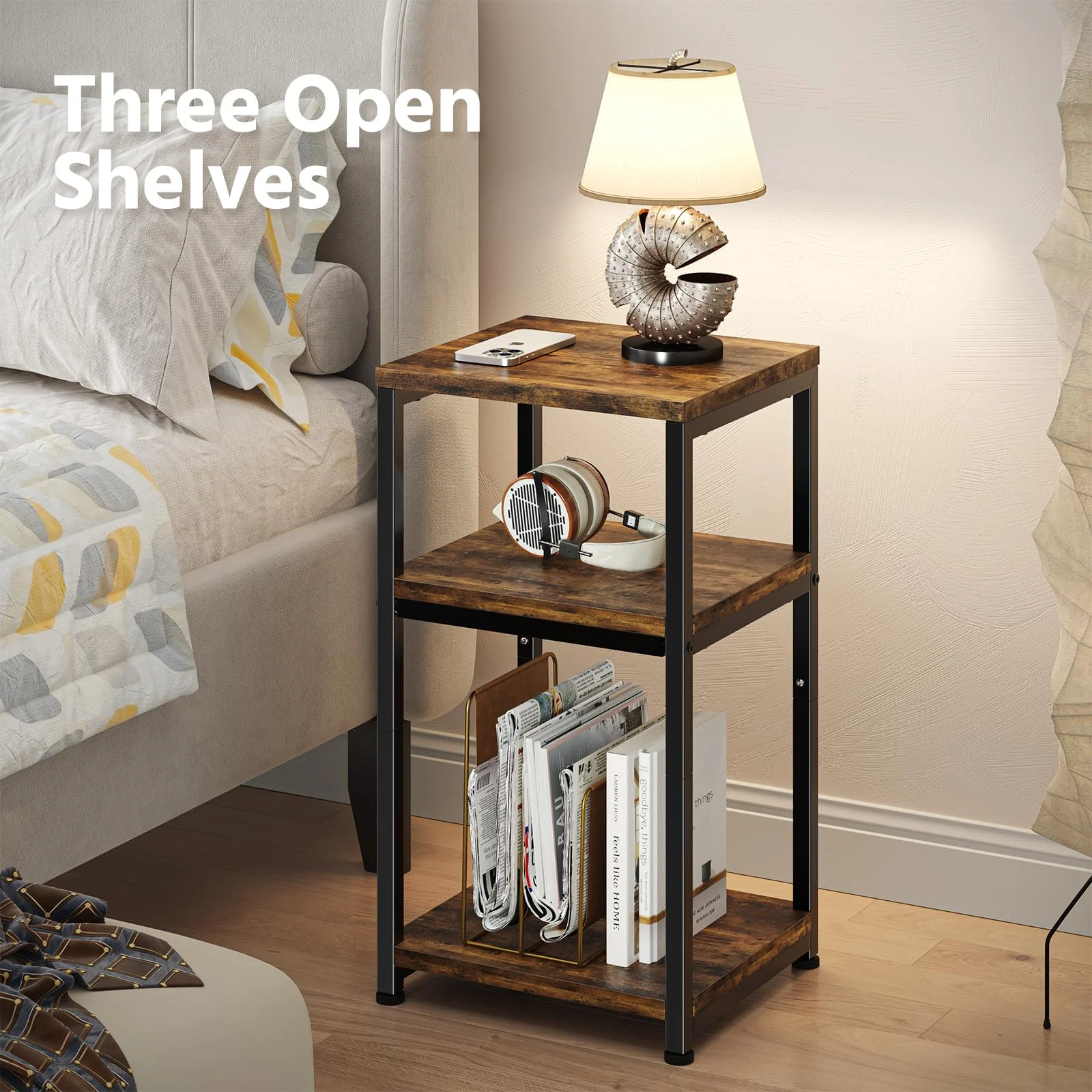 Rustic Brown Side Table with 3 Tiers for Living Room Organization results