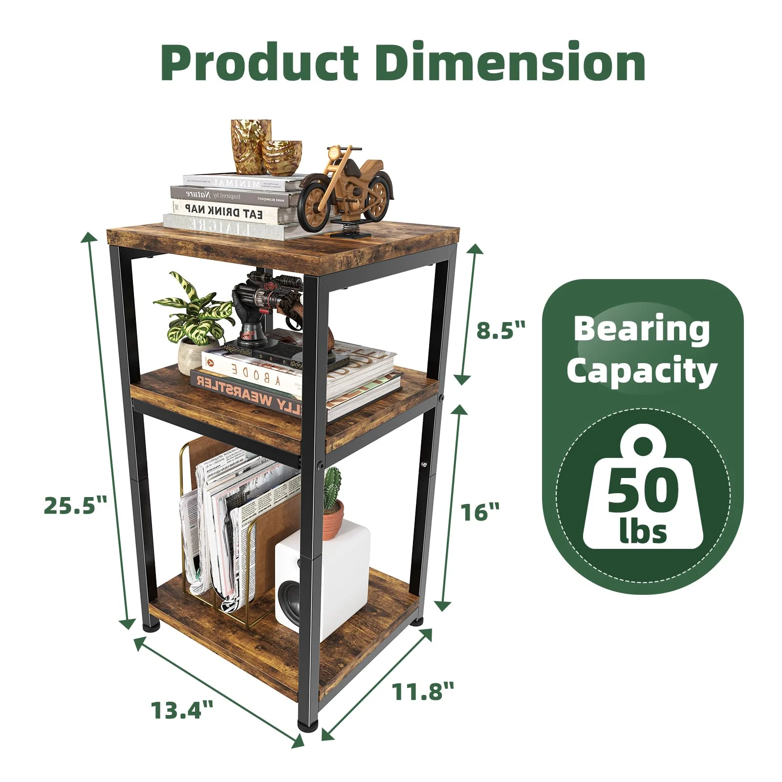 Rustic Brown Side Table with 3 Tiers for Living Room Organization showcase