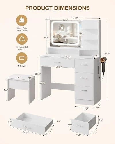 White Makeup Vanity Desk with LED Mirror and Cushioned Stool detail