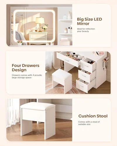 White Makeup Vanity Desk with LED Mirror and Cushioned Stool features
