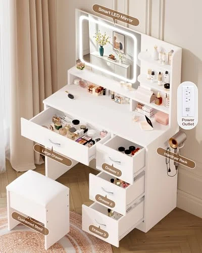 White Makeup Vanity Desk with LED Mirror and Cushioned Stool results