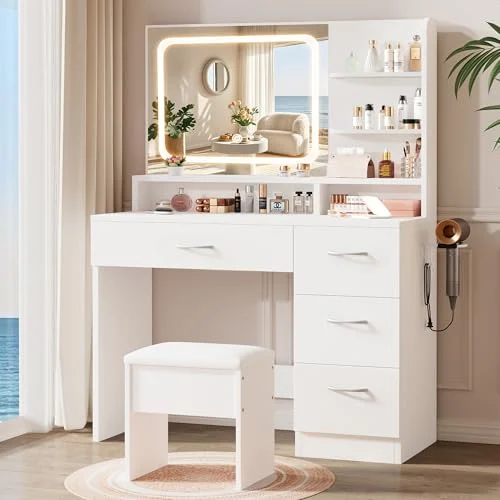 White Makeup Vanity Desk with LED Mirror and Cushioned Stool review