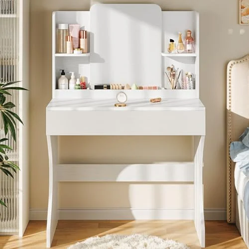 White Makeup Vanity Desk with Storage Drawer and Power Outlet detail