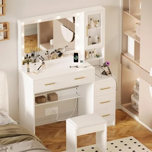 White Makeup Vanity with Lights and Open Storage Shelves detail