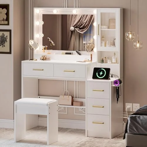 White Makeup Vanity with Lights and Open Storage Shelves features