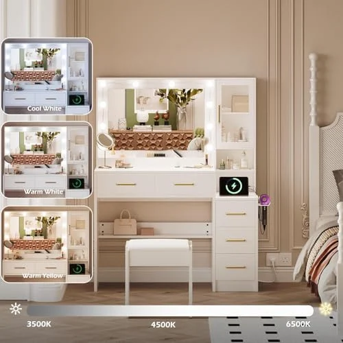 White Makeup Vanity with Lights and Open Storage Shelves results