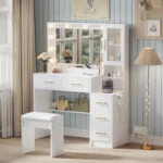 White Makeup Vanity with Lights and Open Storage Shelves