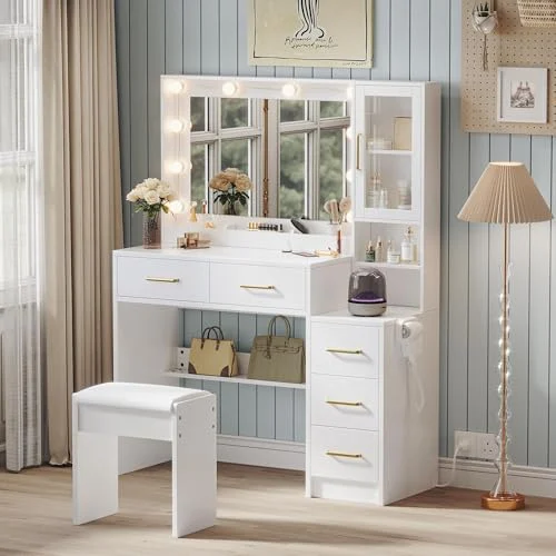 White Makeup Vanity with Lights and Open Storage Shelves review