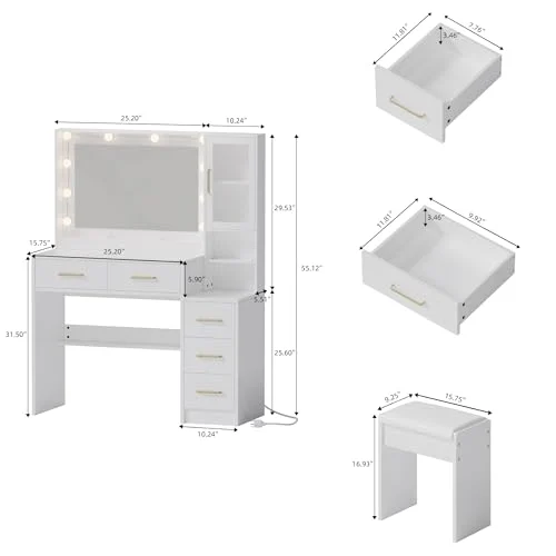 White Makeup Vanity with Lights and Open Storage Shelves showcase