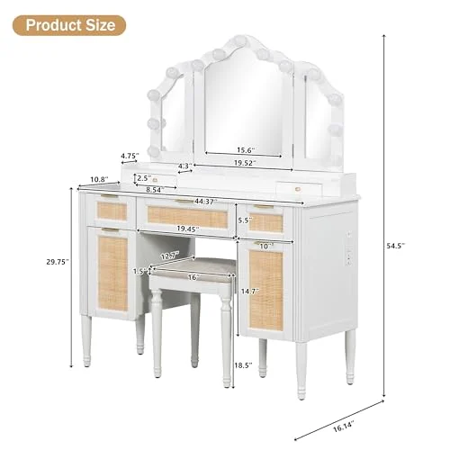 White Makeup Vanity with Tri-Fold Mirror and LED Lighting detail