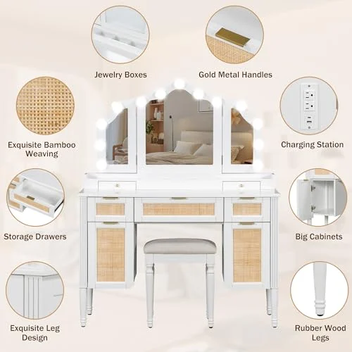 White Makeup Vanity with Tri-Fold Mirror and LED Lighting features