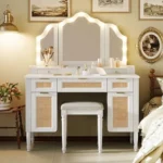 White Makeup Vanity with Tri-Fold Mirror and LED Lighting
