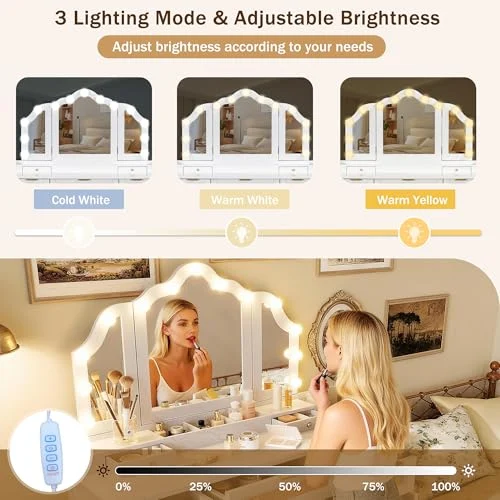 White Makeup Vanity with Tri-Fold Mirror and LED Lighting showcase