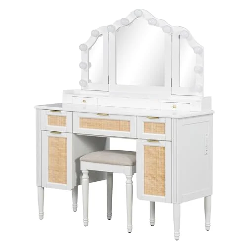 White Makeup Vanity with Tri-Fold Mirror and LED Lighting unboxing