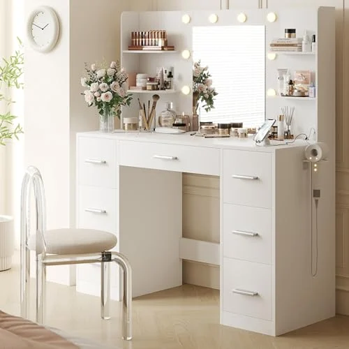 White Vanity Desk with Mirror and 10 Lights for Bedroom detail
