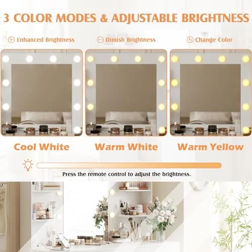 White Vanity Desk with Mirror and 10 Lights for Bedroom features