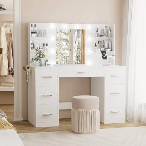 White Vanity Desk with Mirror and 10 Lights for Bedroom review
