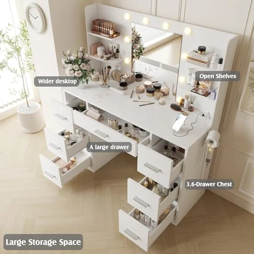 White Vanity Desk with Mirror and 10 Lights for Bedroom showcase