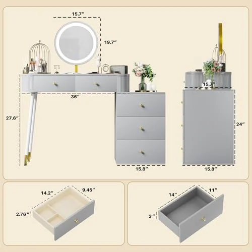36-Inch Gray Vanity Desk with Mirror and 3 Light Modes detail