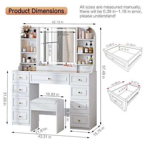 43-Inch Vanity Desk with Lights and Storage for Effective Organization features