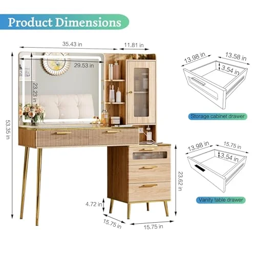 47-Inch Modern Vanity Desk with Lights and Charging Station showcase